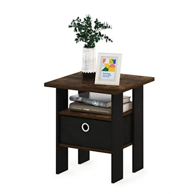 Image of Furinno Andrey End Table, Side Nightstand with Bin Drawer, Amber Pine/Black