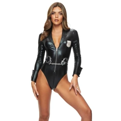 Image of Ann Summers Bodycon Leather PU Naughty Officer Costume for Women, Sexy Adult Halloween Costume, Policewoman Roleplay Outfit with Handcuffs Black