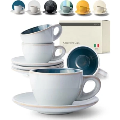 Image of KIVY Cappuccino Cups Thick Walled [4 x 180 ml] Handmade Stoneware Cup Coffee with Saucers Grey Blue Latte Large Saucer