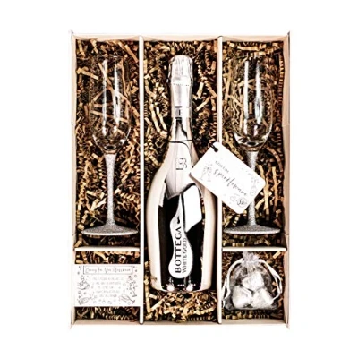 Image of Bottega White Gold Sparkling Wine 75cl Gift Set Hamper With Matching Silver Champagne Flutes and Box Engagement, Wedding for Lovers (Sparkling Stems)