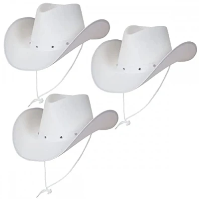 Image of Pack of 3 x WHITE Texan Cowboy Hats : Adult Unisex Wild West Rodeo Cowgirl Mens Womens Fancy Dress Accessory