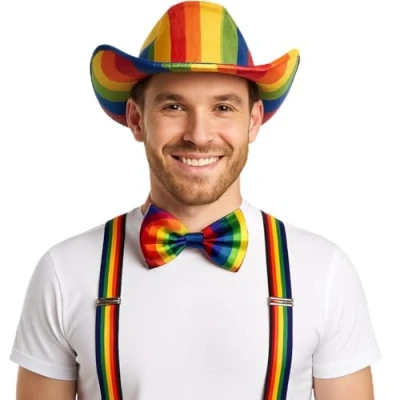 Image of labreeze Adults Rainbow Cowboy Felt Hat Bow Tie Braces Gay Pride Fancy Dress Set