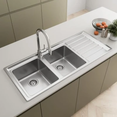 Image of Lussena® 1160 x 500mm Stainless Steel Kitchen Sink 2.0 Double Bowl Sinks, Right Hand Drainer, Inset, Free Basket Strainer Waste