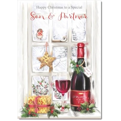 Image of doodlecards Son and Partner Christmas Card Red Wine Bottle Medium Size for &amp; with Plain Envelope