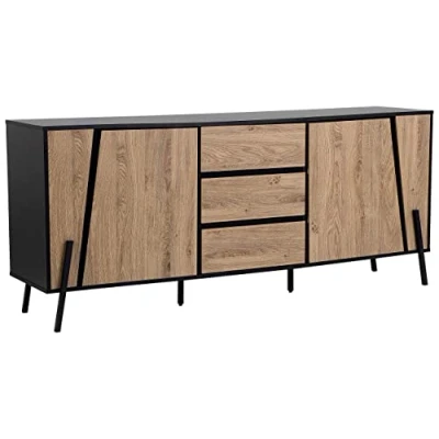 Image of Beliani Sideboard Light Wood Black Top Metal Legs Storage Cabinets Drawers Blackpool