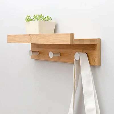Image of Générique Bamboo Wall Mounted Floating Shelf with Hook for Hallway Bathroom Living Room Bedroom (Bamboo, 35.5 x 12 8cm)
