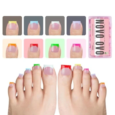 Image of NOVO OVO French Tip Press on Toe Nail Tips MIXED COLOR, Sharp Square Pre Designed Soft Gel False Toenail Extension, applied Primer &amp; Base Coat, Full Cover Acrylic for DIY x 15 Sizes 240 pcs