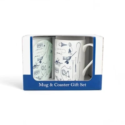 Image of Fishing Mug &amp; Coaster Gift Set Vintage Hobbies Bone China and Glass Tea/Coffee Present