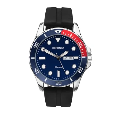Image of Sekonda Balearic Mens 44mm Quartz Watch in Blue with Analogue Day/Date Display, and Black Rubber Strap 1580