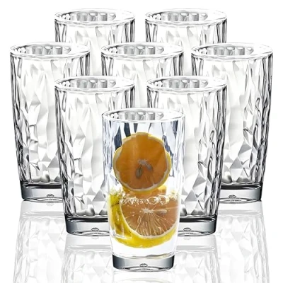 Image of [Look Like Glass] 450ml 8 Piece Premium Unbreakable Drinking Glasses Plastic Tumblers Dishwasher Safe BPA Free Acrylic Juice Highball Water (Clear)