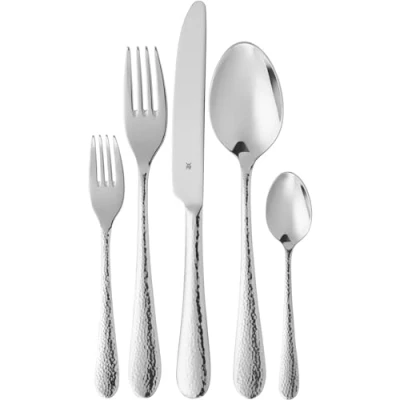 Image of WMF Sitello Cutlery Set for 12 People, Cromargan, 60 Pieces, Monobloc Knife, Polished Cromargan Stainless Steel, Hammered, Ergonomic, Glossy, Dishwasher Safe, Silver