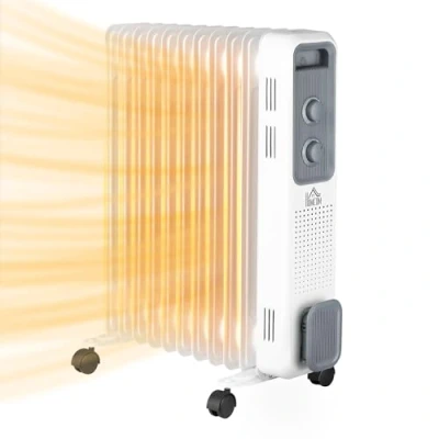 Image of HOMCOM 2500W Oil Filled Radiator, 11 Fin, Portable Electric Heater with 3 Heat Settings, Safety Cut Off and Wheels, White