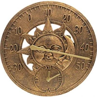 Image of St Helens Home &amp; Garden Vintage Sun and Moon Clock Thermometer 300mm / 12&quot;