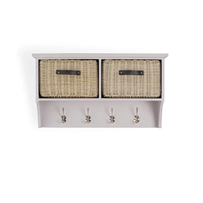 Image of Tetbury Hanging Shelf with 4 Coat Hooks Wall Mounted Truffle Rack 2 Strong Storage Baskets Fully Assembled Hallway Furniture