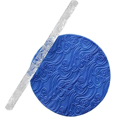 Image of Sea Wave Effect Texture Embossing Acrylic Rolling Pin for Sugar Craft Fondant Cake Decoration Tools, Non Stick Pin, Dough Roller Kitchen Baking Supplies Clear, 16 x 1 cm