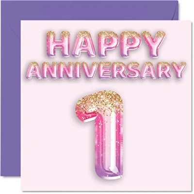 Image of Pretty Paper Anniversary Card for Wife Girlfriend Husband Boyfriend Pink Purple Glitter Balloons Happy 1st Cards from Family, 145mm x Greeting First Anniversaries