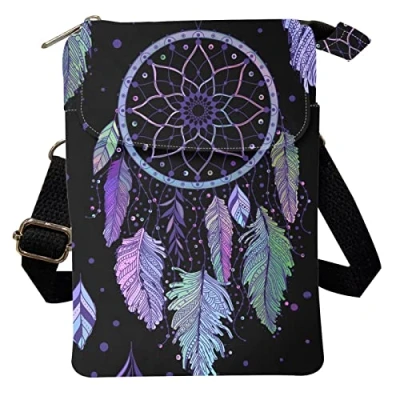 Image of Pizding Cell Phone Purse Canvas Small Crossbody Handbags for Women Girls Print Dreamcatcher Feather Black Wallet Pouch