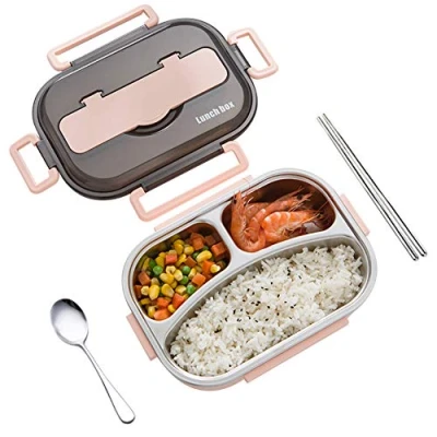Image of amropi Bento Box Stainless Steel Lunch Containers 2/3/4/5 Compartment Food Storage with Chopsticks and Spoon (Pink, 3 Compartment)