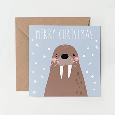 Image of 1 x Greeting Card Merry Christmas Cute Walrus Animal Festive Xmas Seasons Greetings Friend Neighbours Kids Family Secret Santa Gift #79239