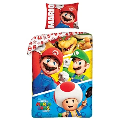 Image of Halantex Nintendo Super Mario Bros Movie Gang Single Duvet Cover &amp; Pillow Case Set Soft Breathable 100% Cotton Bedding with Pillowcase Reversible for Kids, Girls Boys (SMM003)