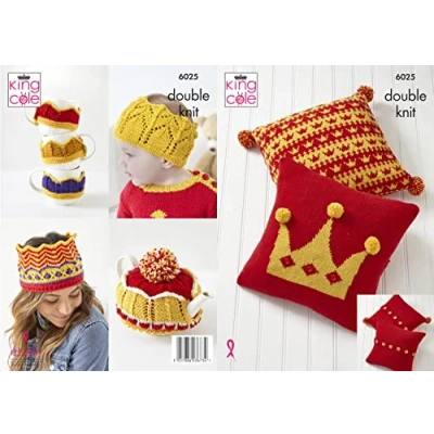 Image of King Cole DK Knitting Pattern Cushion Tea or Mug Cosy &amp; Coronation Crown (6025)