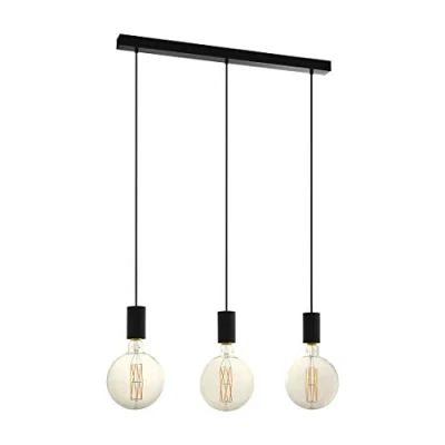 Image of EGLO Pendant lighting Pozueta, 3 bulbs ceiling light fitting made of black steel, vintage and industrial style hanging lamp for dining living room, E27 socket, L 33 inches