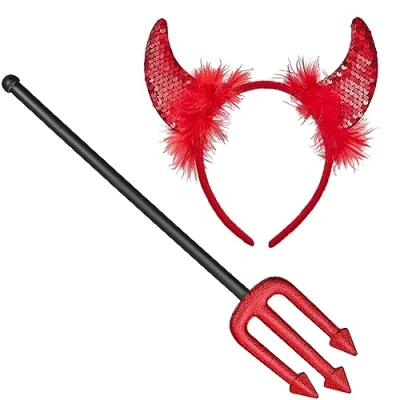 Image of Balinco Devil Costume Set, Including Red Horns &amp; Trident, One Size, Unisex, Halloween, Carnival, Fancy Dress