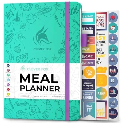 Image of Clever Fox Weekly Meal Planner &amp; Daily Prep Journal with Shopping and Grocery Lists for Menu Planning, Healthy Diet Weight Loss Tracking, Lasts 1 Year, Undated, A5 Turquoise