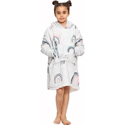 Image of GC GAVENO CAVAILIA Rainbow &amp; Heart Snuggle Hoodie Blanket For Boys Girls Giant Pocket Oversized Wearable Sherpa Throw Cosy Fluffy Hooded Kids Grey