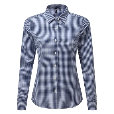 Image of Premier Womens/Ladies Maxton Check Long Sleeve Shirt (Navy/White) Size Large