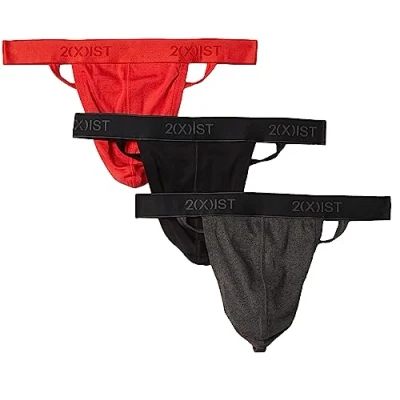 Image of 2(X)IST Men&#039;s Essential Cotton 3 Pack Y Back Thong, Black/Charcoal Heather/Poppy Red, XL