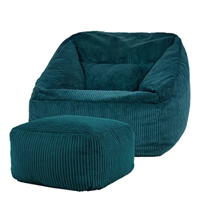 Image of icon Morgan Cord Bean Bag Lounge Chair and Footstool, Grey, Giant Armchair, Large Bags for Adult with Filling Included, Living Room Furniture Chairs