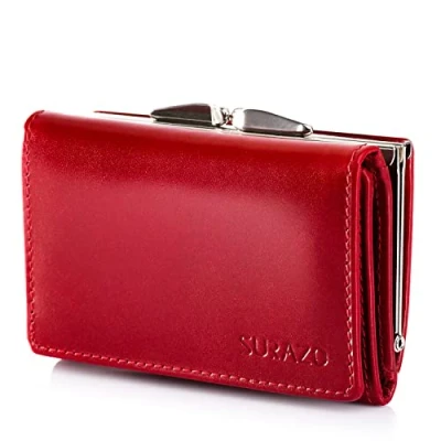 Image of SURAZO® Women&#039;s Leather Wallet Small Many Compartments Purse with 12 Card Slots [RFID Protection] [Coin Compartment] Genuine Women Flip Wallet, red, Medium