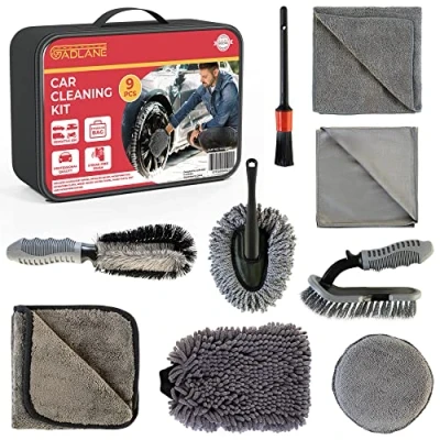 Image of GADLANE 9 Piece Car Cleaning Kit With Storage Bag Includes Upholstery Brush, Detailing Microfibre Pad, Cloth, Wheel Drying Towel, Glass Mitt, Duster