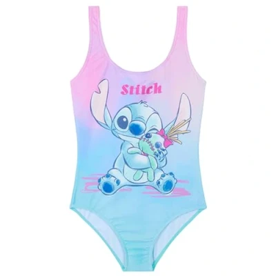 Image of Disney Girls One Piece Swimming Costume, Comfortable Stretchy Swimsuit Gifts (Pink/Blue Stitch, 11 12 Years)