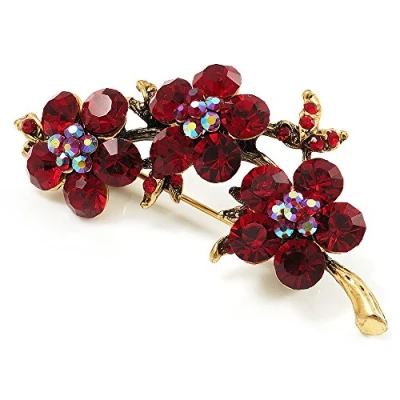 Image of Avalaya Diamante Floral Brooch (Antique Gold &amp; Burgundy Red)