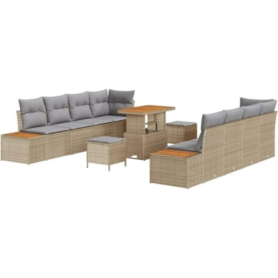Image of vidaXL 11 Piece Garden Sofa Set with Cushions Beige Poly Rattan Acacia