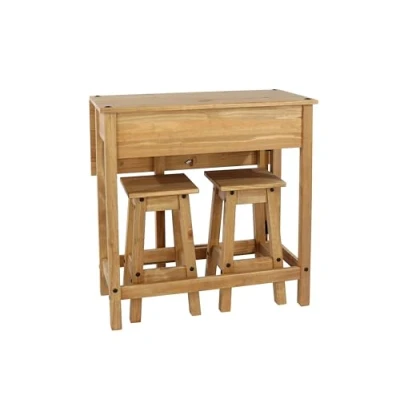 Image of Home Source Corona Breakfast, Drop Leaf Kitchen Table with 2 Matching Stools Bar, Natural, Pine, Chair Set