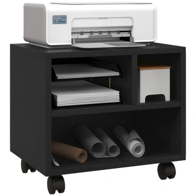 Image of HOMCOM 2 Tier Desk Stand with Storage, Under Cart on Wheels 3 Compartments, Home Office Printer Table, Black