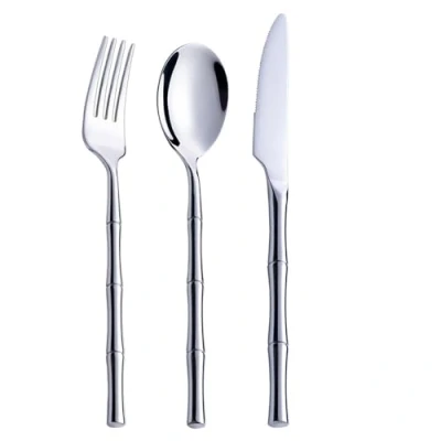 Image of Cutlery Sets Bamboo Handle 304 Stainless Steel Set Western Knife,Fork and Spoon Steak Silver 3Pcs