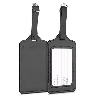 Image of kwmobile Luggage Tags 2X Synthetic Leather Name Address Cards for Travel Luggage, Suitcases Black