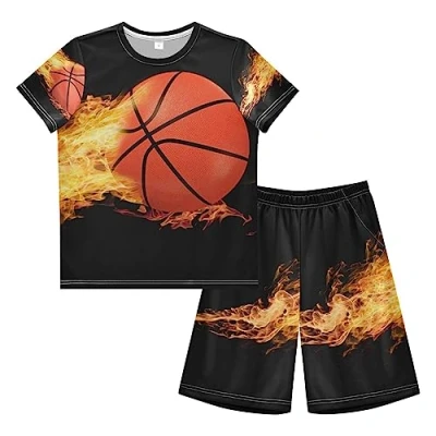 Image of Anantty Boys Pyjamas Set Fire Basketball Sport Ball Short PJs Nightwear Summer Sleeve Sets for Kids Child Teenagers Multicolor
