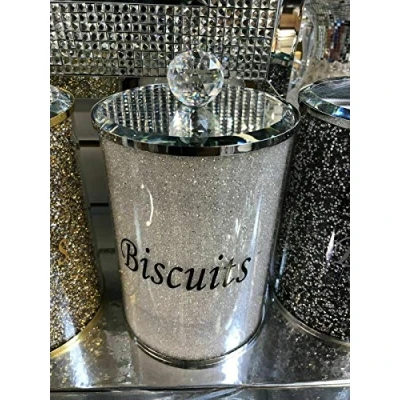 Image of Amazing Gift Silver Diamond Crushed Biscuit Canister Jar: Elegant Crystal Filled Kitchen Storage with Trimmings 25 cms
