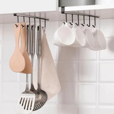 Image of QINGHEC 3 Pcs Black Cup Holder Under Cabinet,Under Shelf Mug Holder,Under Cupboard Hooks,Cupboard Hooks with Adhesive Screw,Mug Rack Cabinet for Restaurant Coffee Shop Bar Kitchen