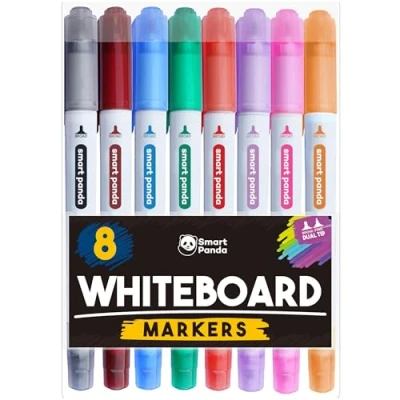 Image of Smart Panda 8 Whiteboard Pens Dual Tip, Broad and Fine Dry Wipe Markers, Perfect for Home, School or Office Set