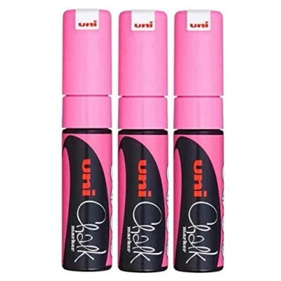Image of Uni Fluorescent Neon Pink Chisel Nib Tip (8mm) Liquid Chalk Marker Pen Colour Whiteboard Blackboard Chalkboard Menu Glass Windows Wet Wipe Non Permanent (Pack Of 3) PWE 8K