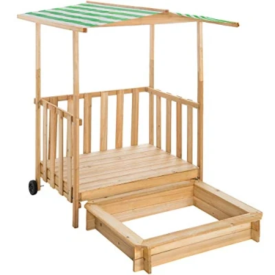 Image of tectake 800792 Outdoor Sandbox for Children, Wooden Veranda with Railings, Garden Playhouse, Sandpit, Rollers, Kids Play Area, Protection Sunroof (Green)