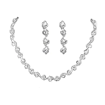 Image of Wedity Wedding Crystal Necklace Earrings Set Bride Choker Necklaces Jewelry for Women and Girls (Silver)