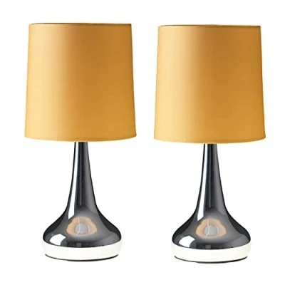Image of MiniSun Pair of Modern Chrome Teardrop Touch Bed Side Table Lamps with Mustard Fabric Shades