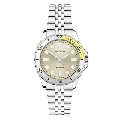 Image of Sekonda Balearic Ladies 33mm Quartz Watch in Yellow with Analogue Display, and Silver Stainless Steel Strap 40566